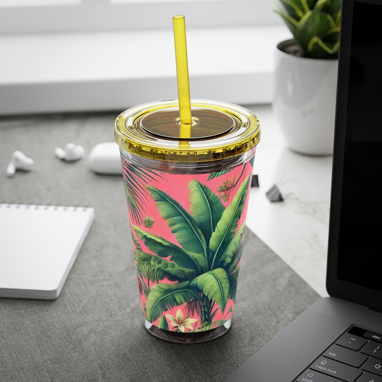 Tropical Tumbler with Straw | 16oz Colorful Travel Cup / More Tropical Fruit, Coral