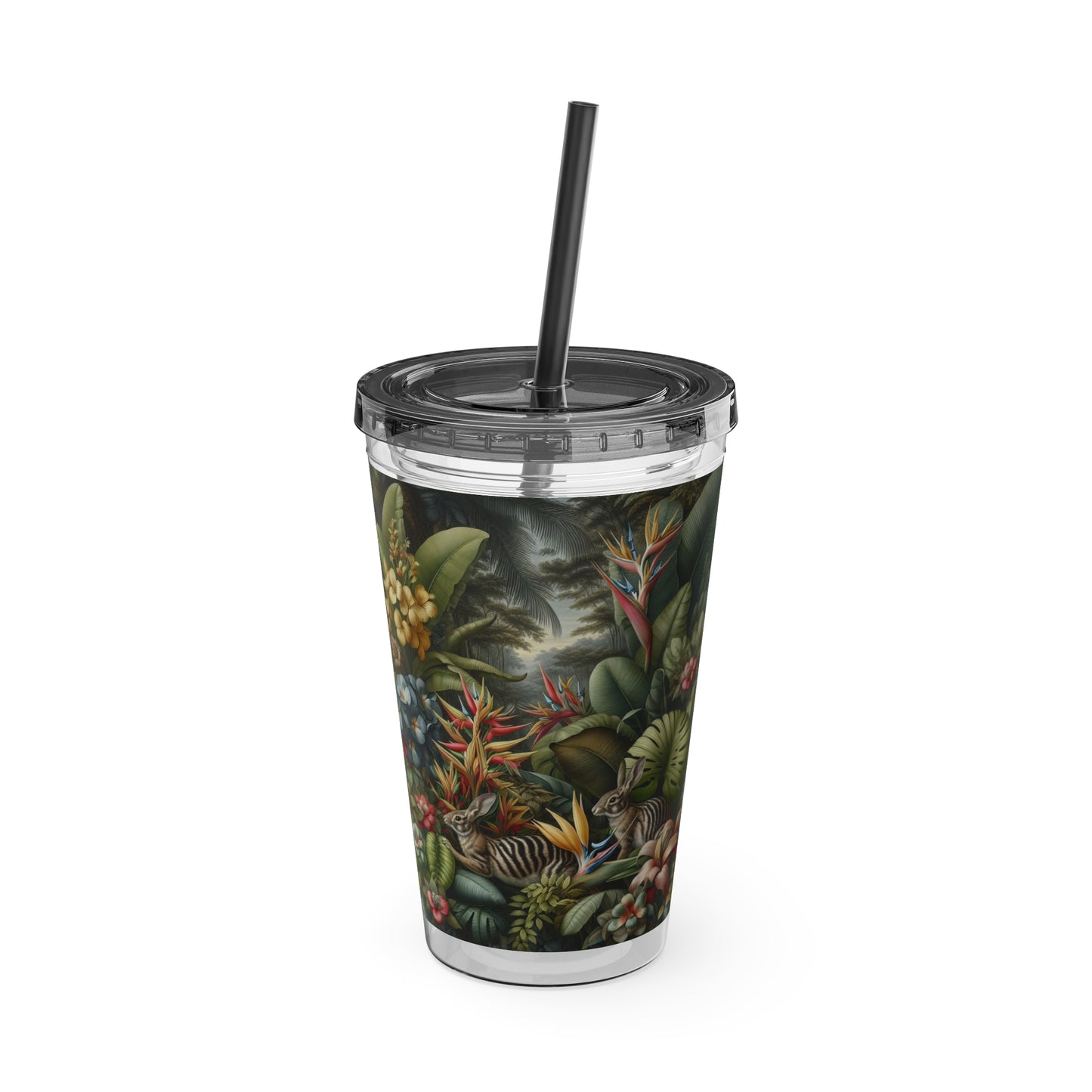 Tropical Tumbler with Straw | 16oz Colorful Travel Cup / Rainforest Rabbit Outing