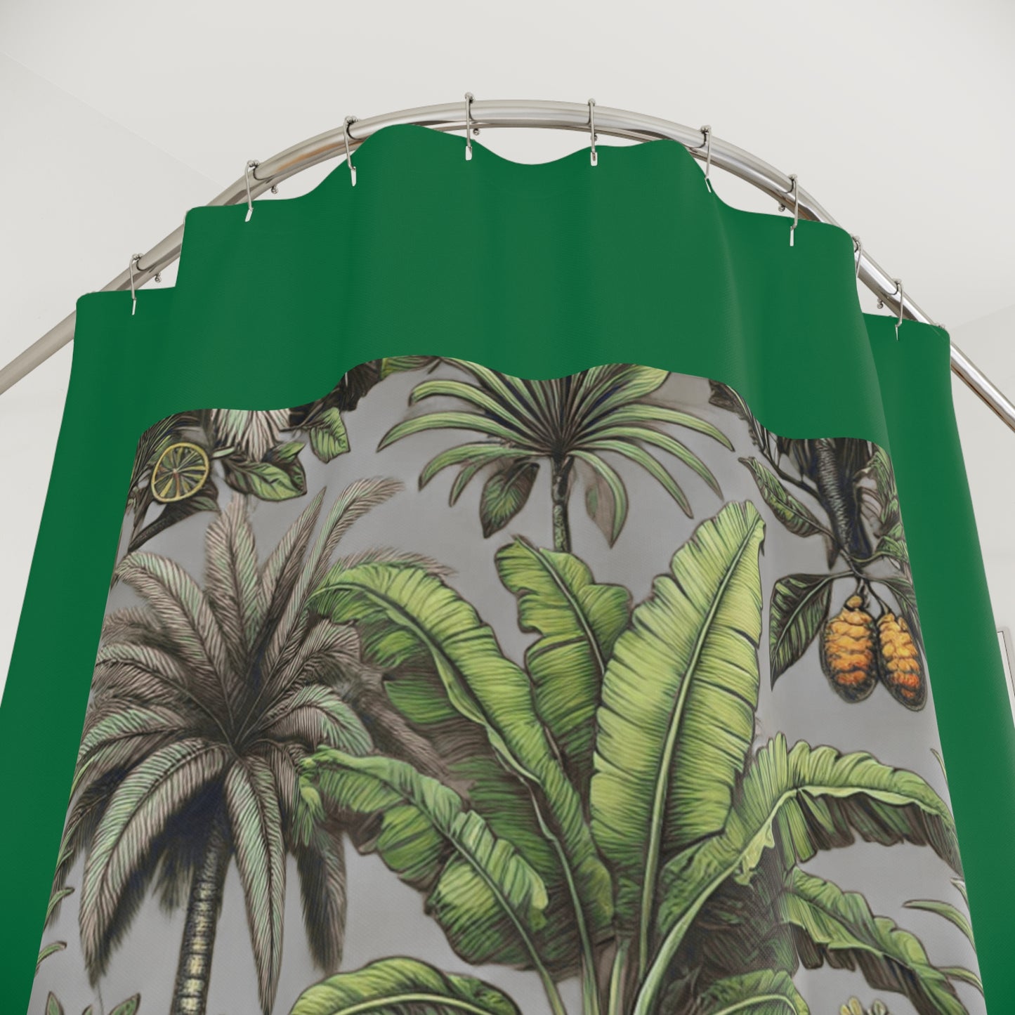 Palm Tree Shower Curtain - Ocean Bathroom Decor / Tropical Fruit/Grey, Dark Green