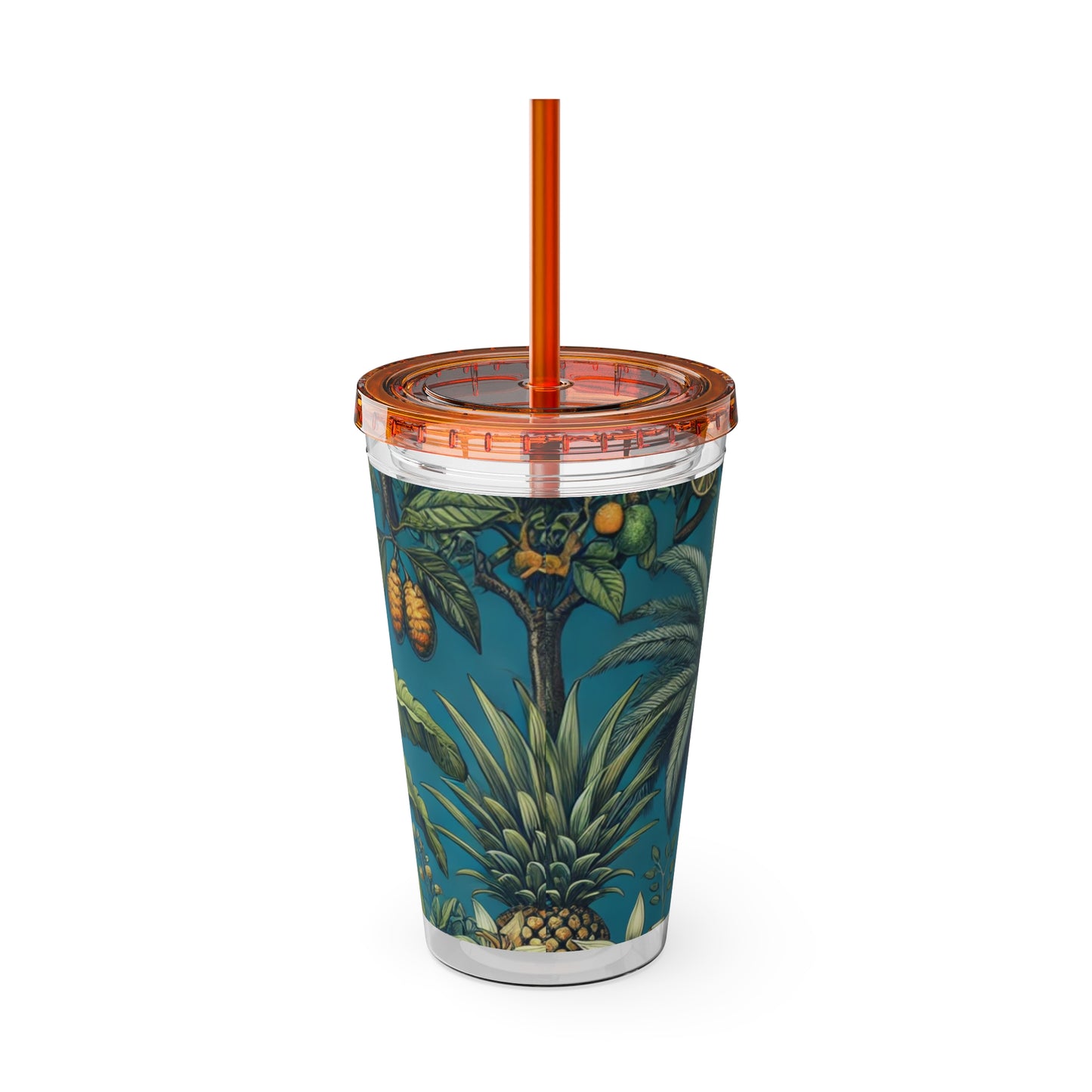 Tropical Tumbler with Straw | 16oz Colorful Travel Cup / Tropical Fruit Blue
