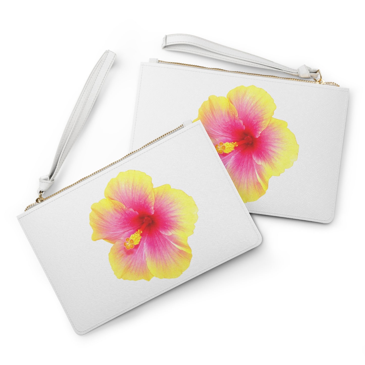 Tropical Faux Leather Clutch Bag - Perfect for Beach Adventures & Summer Vacations / Photo Yellow Hibiscus, White
