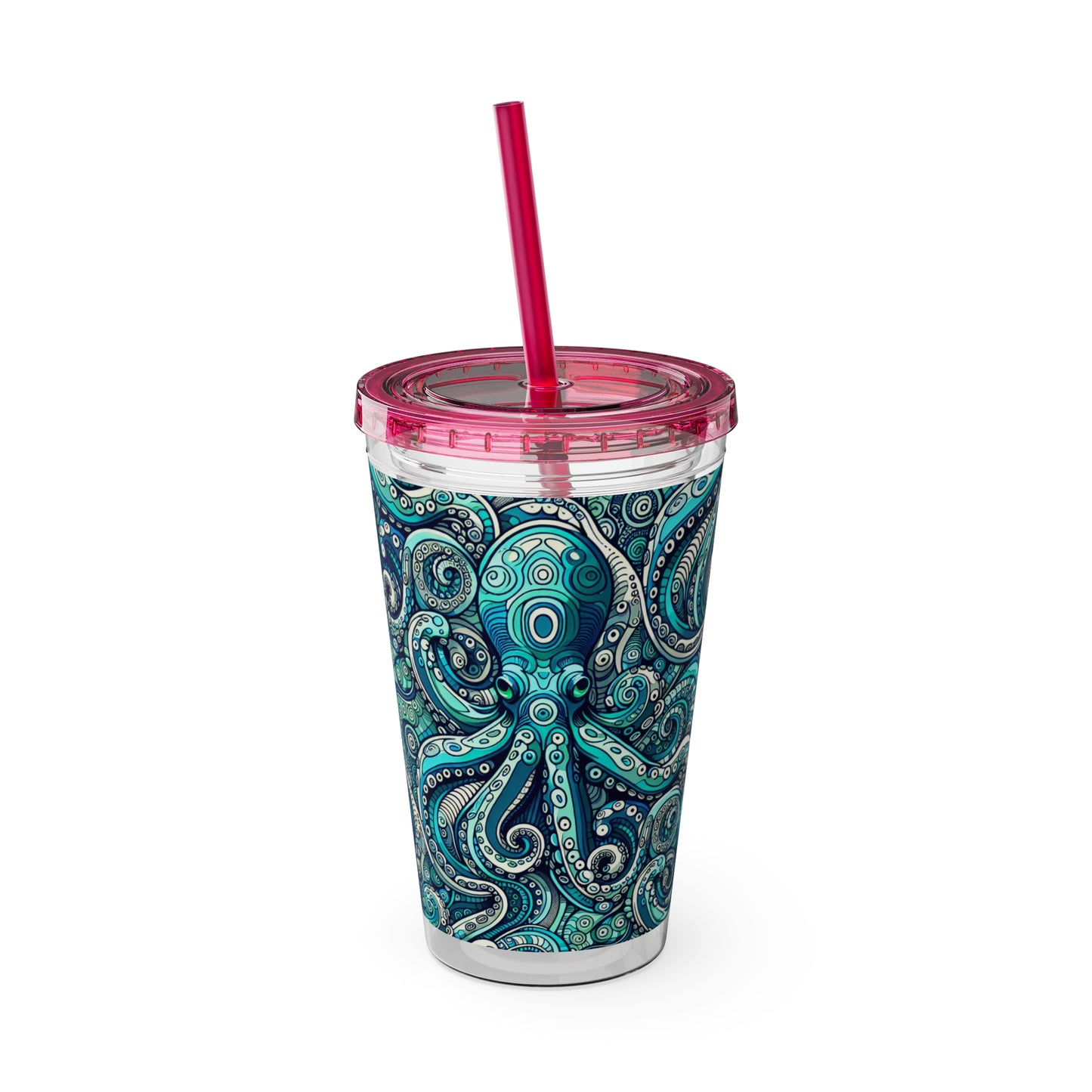 Tropical Tumbler with Straw | 16oz Colorful Travel Cup / Aqua Octopus