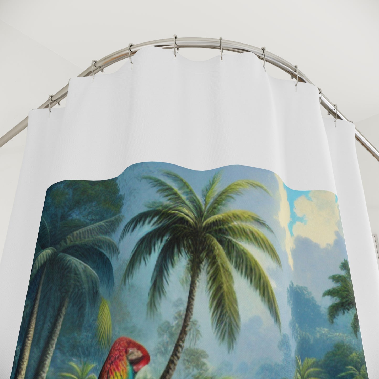 Tropical Shower Curtain - Rainforest Bathroom Decor / Sleeping Beauty Parrot, White