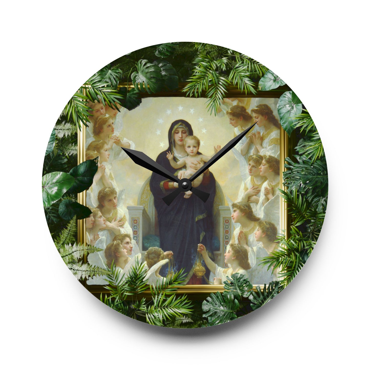 "Tropical Mary With the Angels"  Acrylic Wall Clock - Elegant Religious Decor for Home and Office