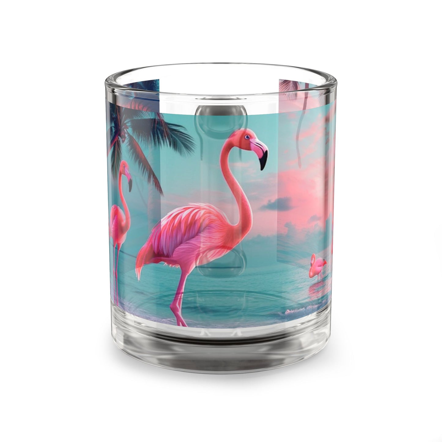 Tropical Glass Mug - 10oz Coffee Cup / Neon Flamingos at Night