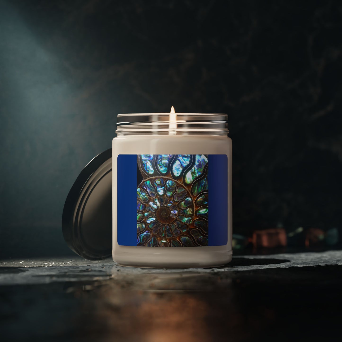 Scented Soy Candle, 9oz, Ammonite and Abalone, dark blue