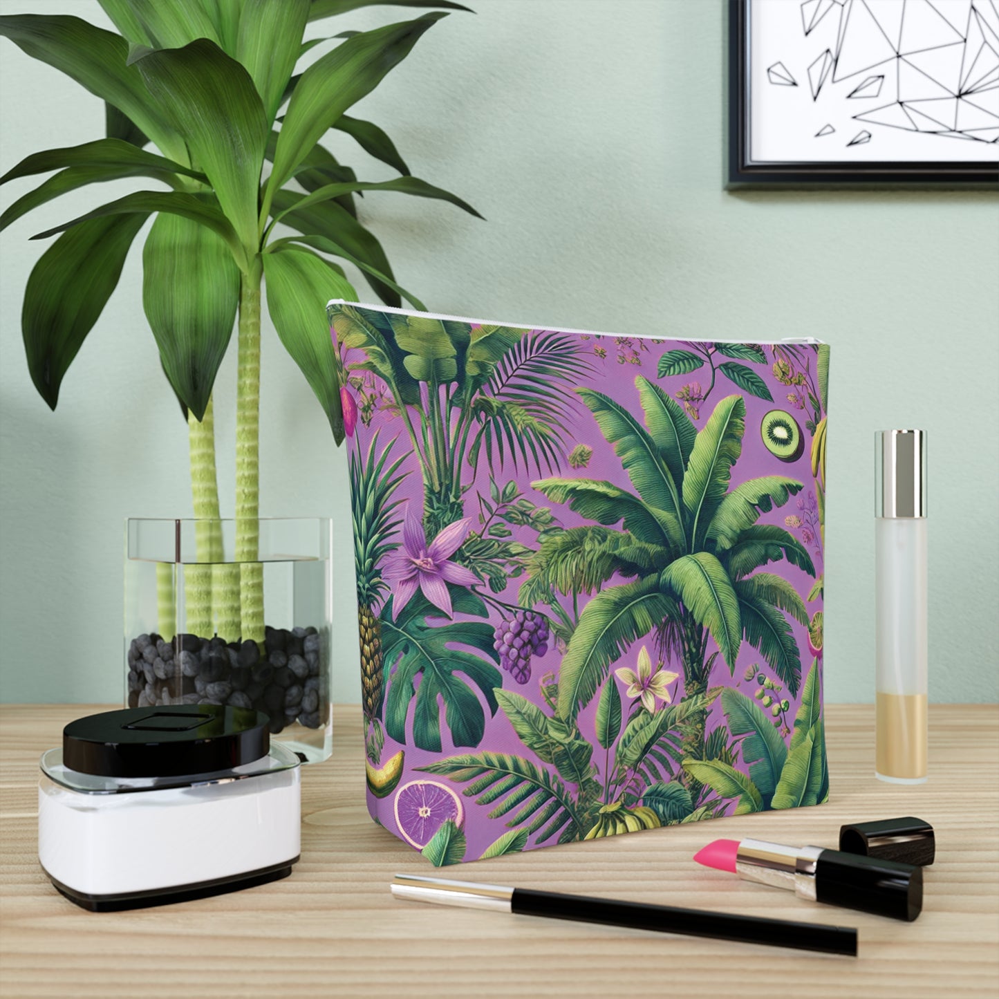 Tropical Cotton Cosmetic Bag - Makeup Pouch, 5 Sizes / More Tropical Fruit, Deep Lilac