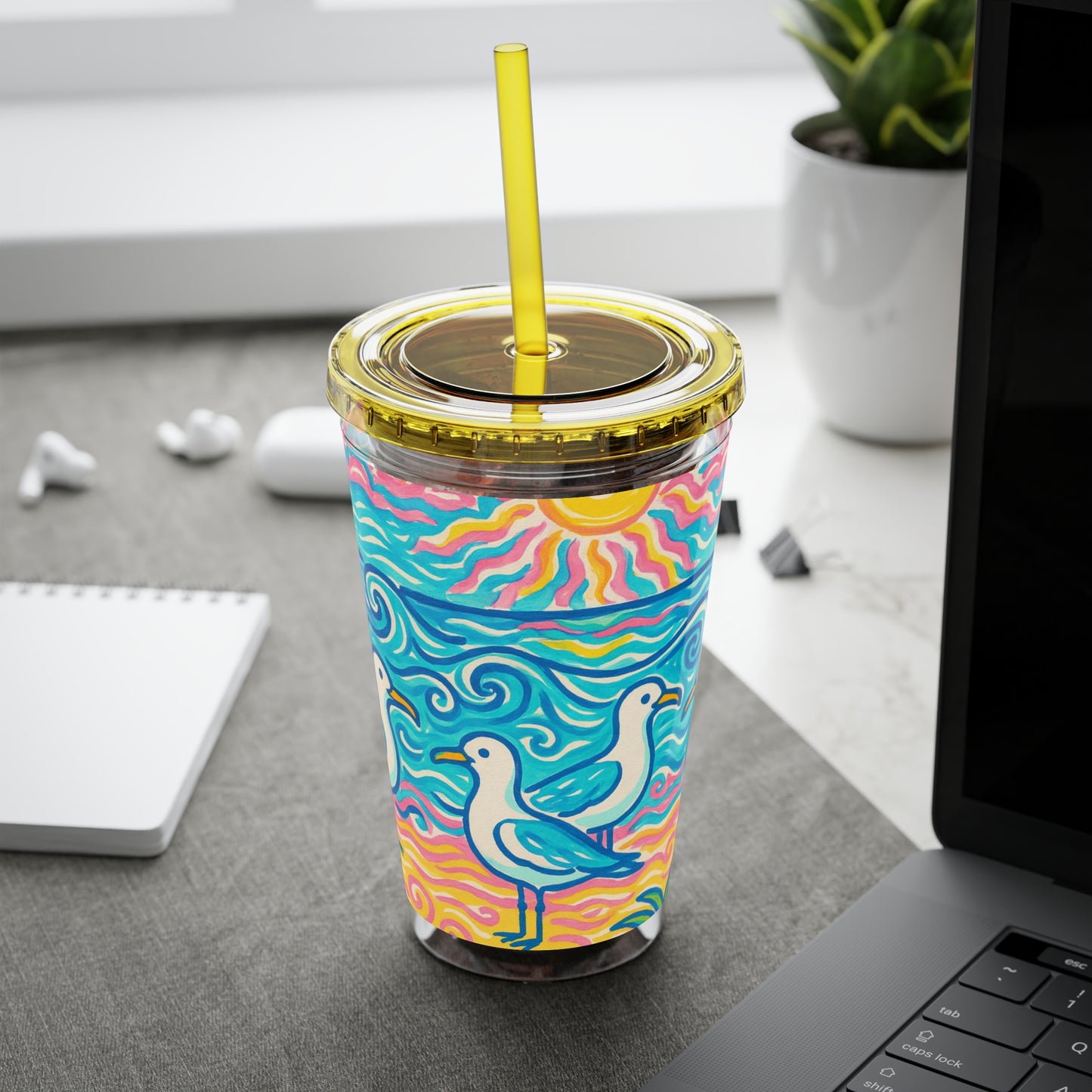 Tropical Tumbler with Straw | 16oz Colorful Travel Cup / Tropical Beach Seagulls