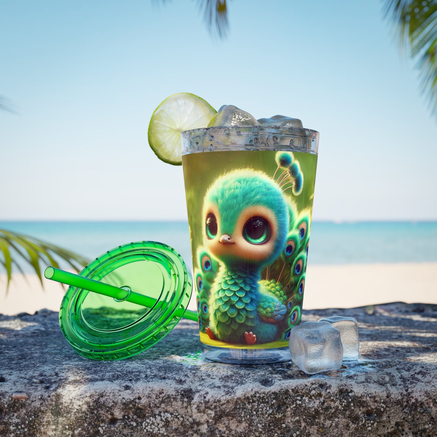 Tropical Tumbler with Straw | 16oz Colorful Travel Cup / Baby Peacock