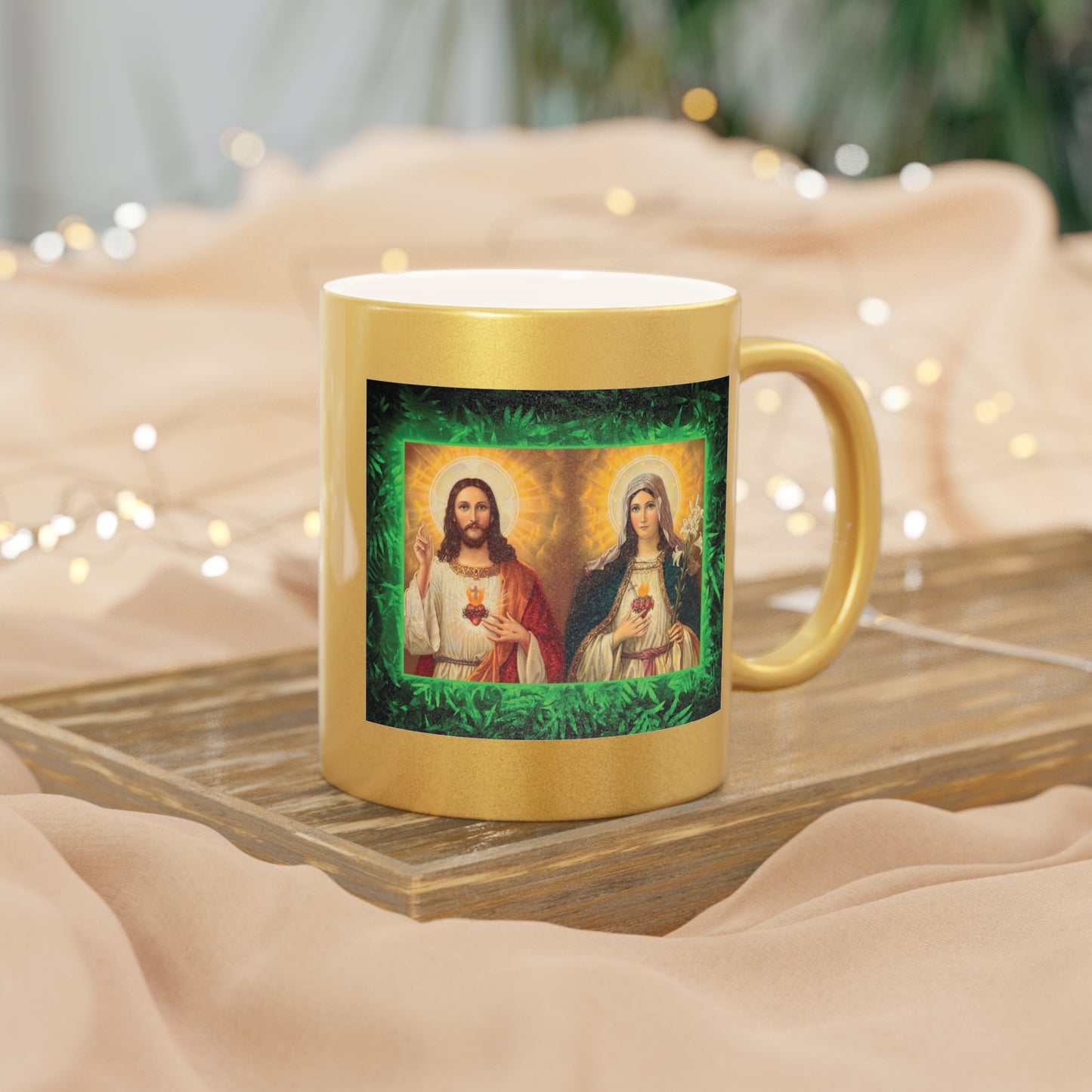 Religious Metallic Mug, Gold or Silver - "Tropical Glow Jesus and Mary"