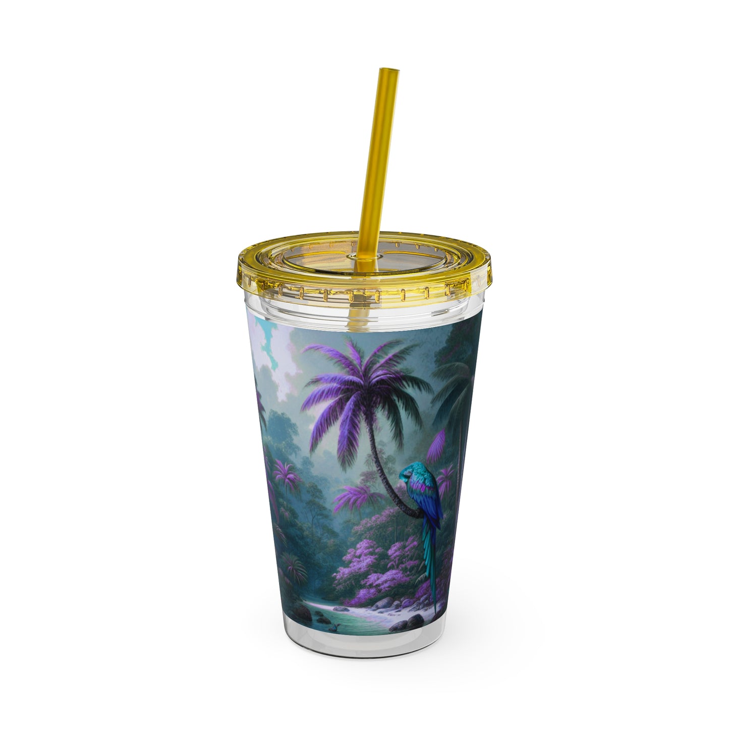 Tropical Tumbler with Straw | 16oz Colorful Travel Cup / Sleeping Parrot/Fantasy