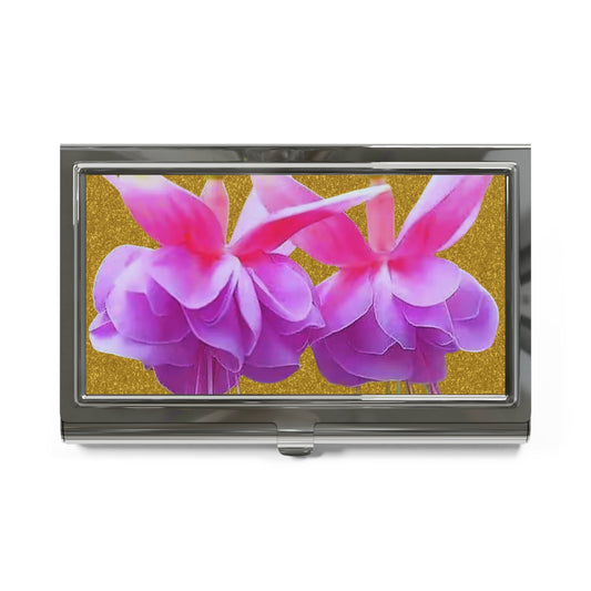 Business Card Holder - Two Pink Fuchsias / Gold