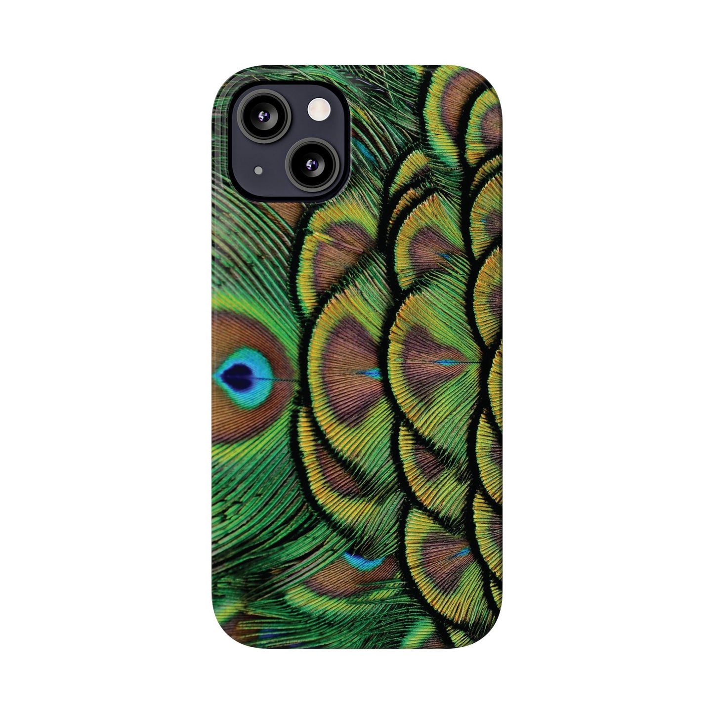 Slim Phone Cases - Brilliant Green Peacock Feathers