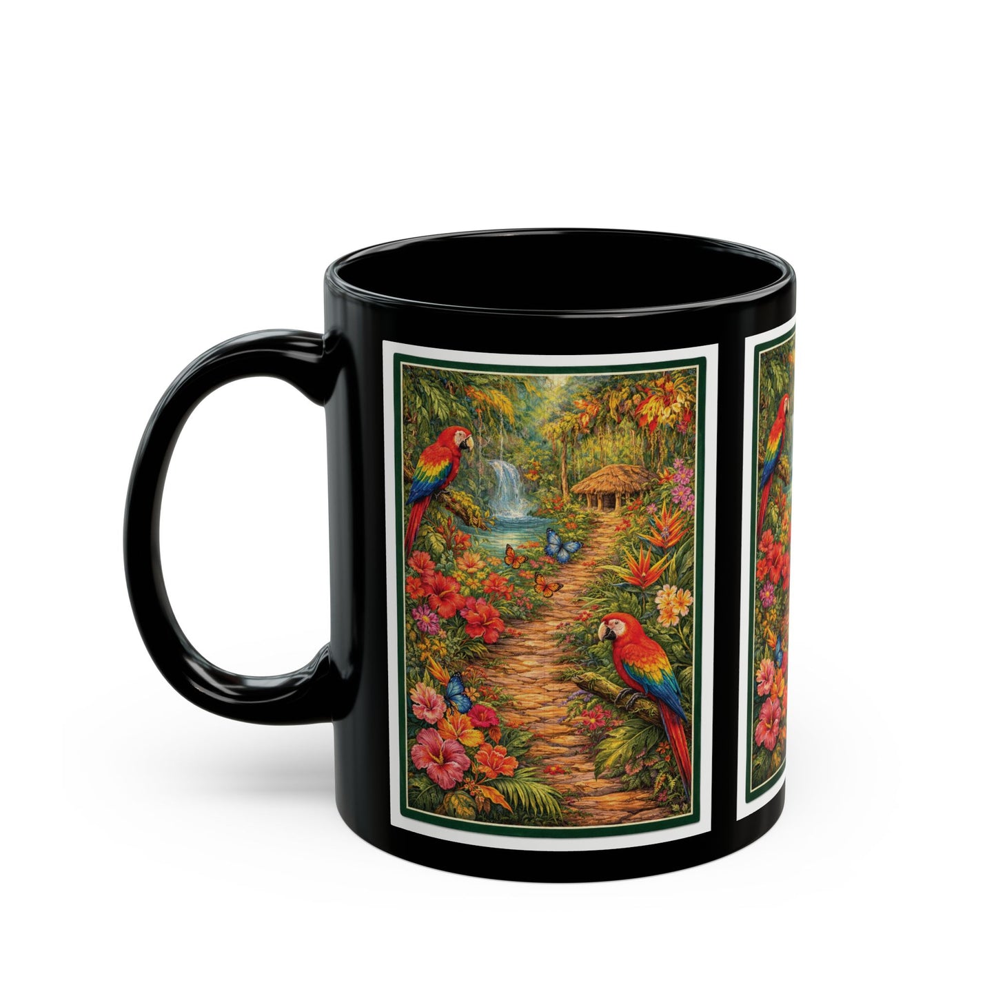 Tropical Parrot Black Mug — Colorful Jungle Scene Coffee Cup (11oz/15oz)