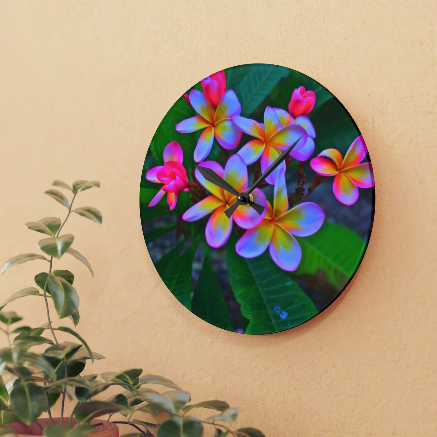 Acrylic Wall Clock, Hawaiian Flowers