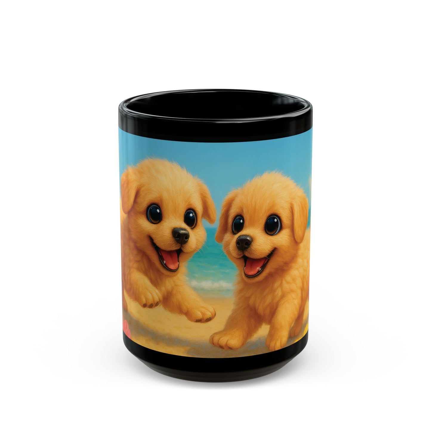 Black Coffee Mug - Two Puppies on Beach