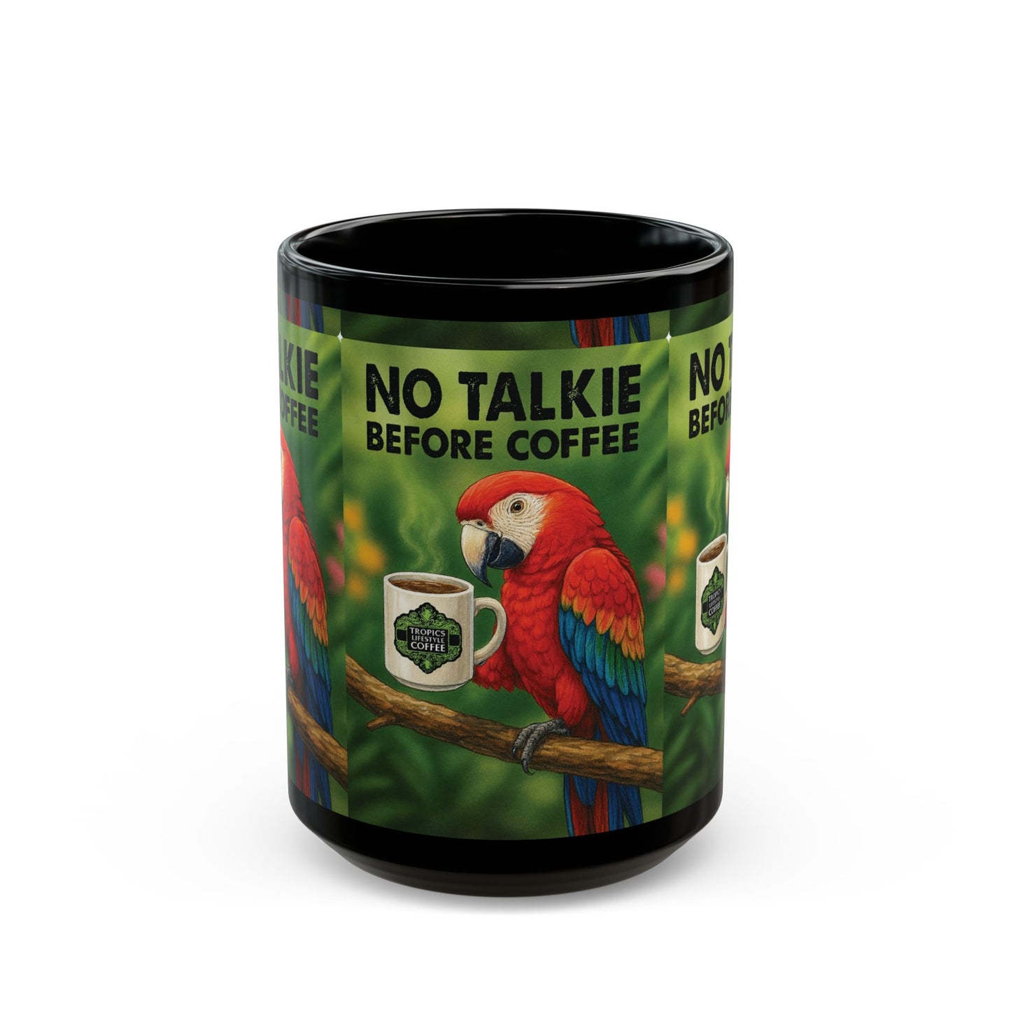 Black Coffee Mug - No Talkie Before Talkie, Red Parrot