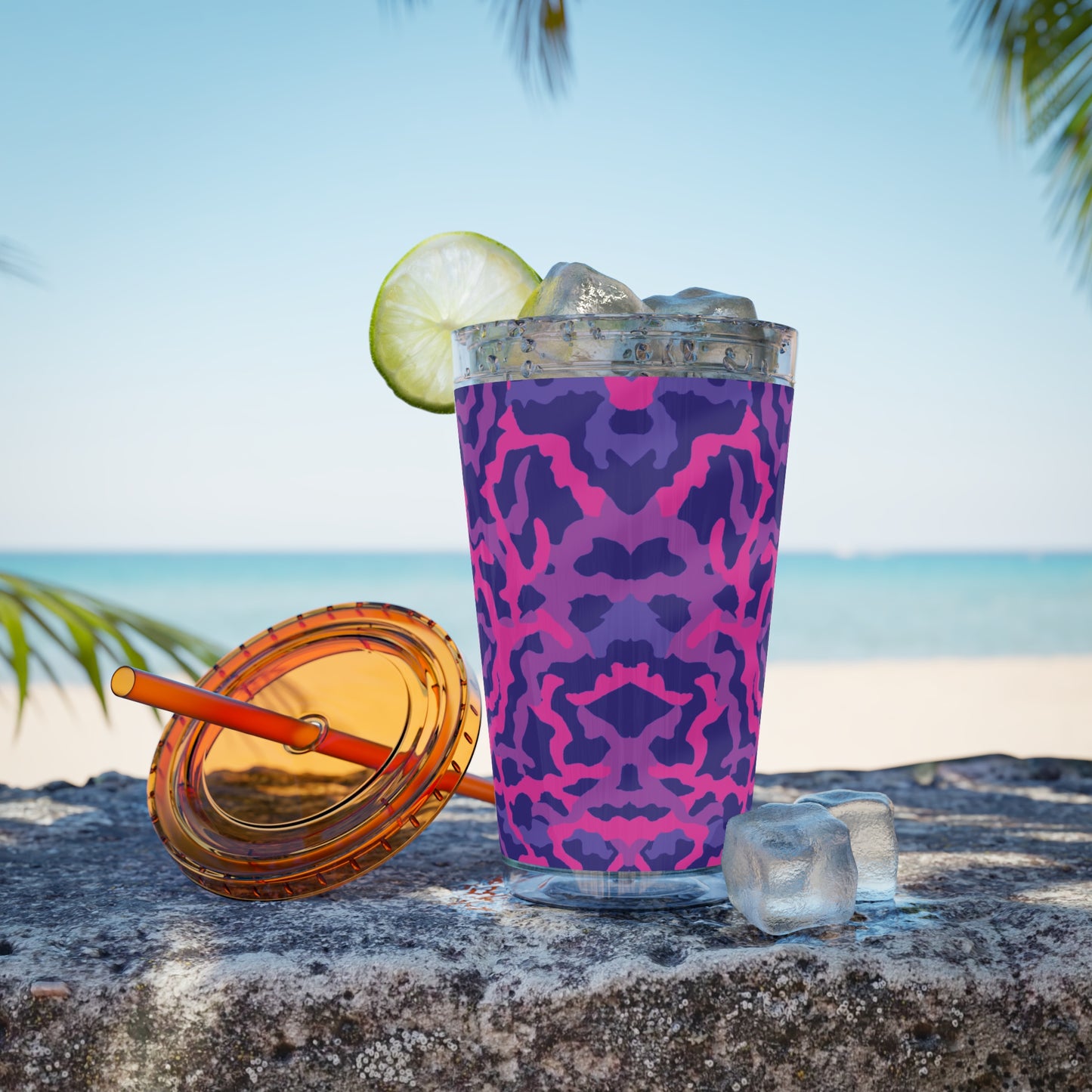 Tropical Tumbler with Straw | 16oz Colorful Travel Cup / Coral Threads, Heatwave