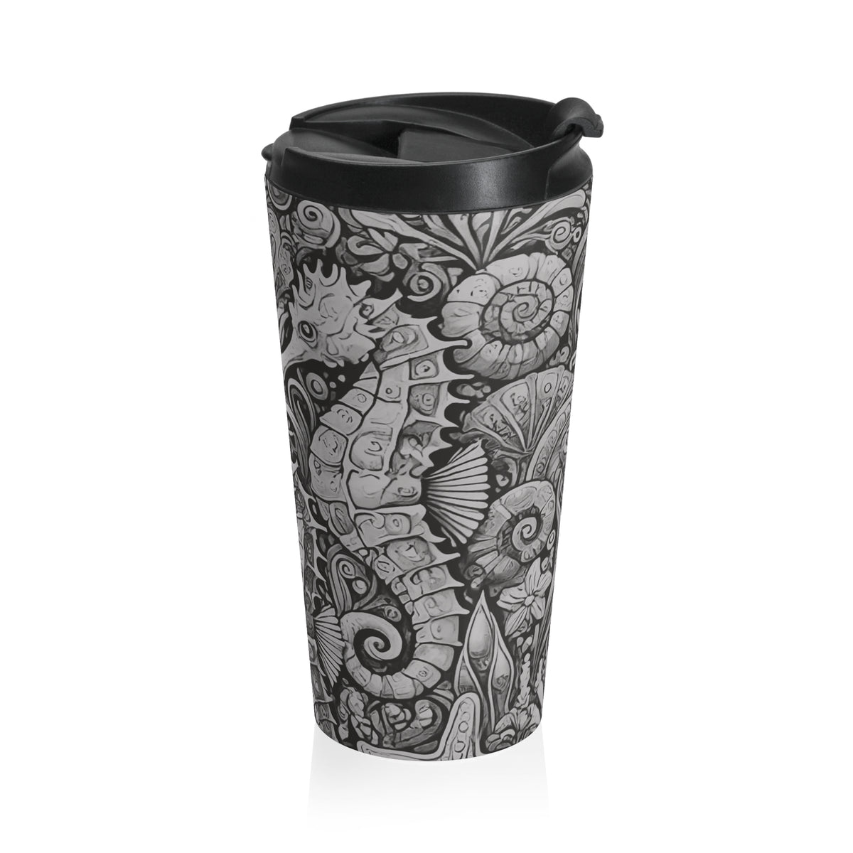 15 oz. Stainless Steel Travel Mug / Seahorse Trio, Noir Black