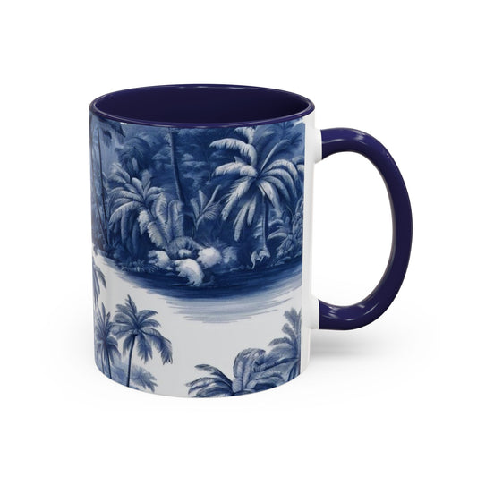 Accent Coffee Mug (11, 15oz), 8 Colors - Tropical Toile Blue/White