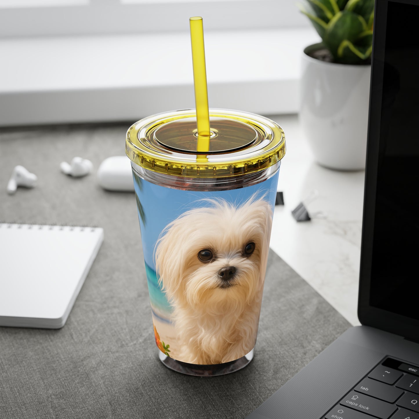 Tropical Tumbler with Straw | 16oz Colorful Travel Cup / Puppy Ariel at the Beach