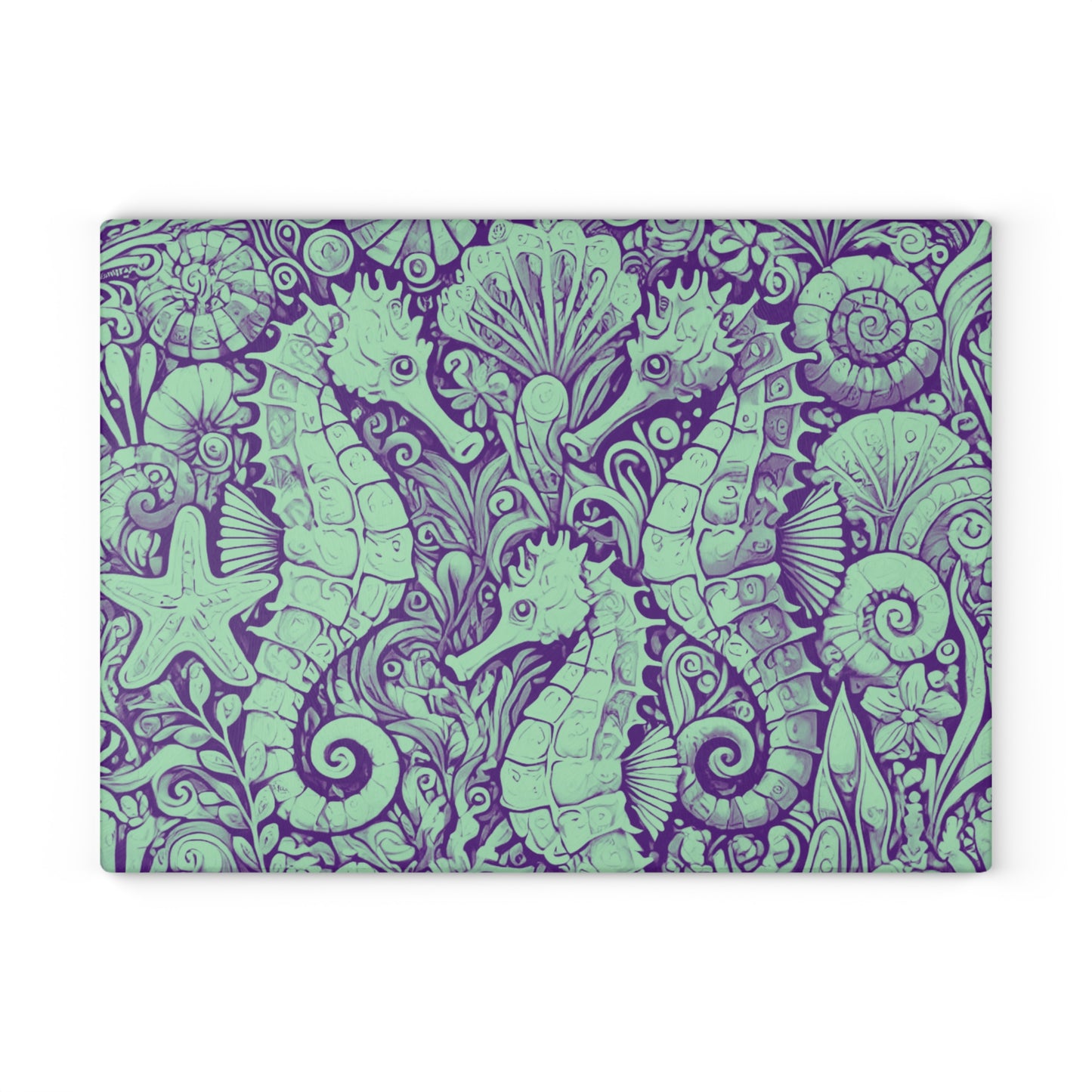 Glass Cutting Board, 2 sizes - Seahorses Minty