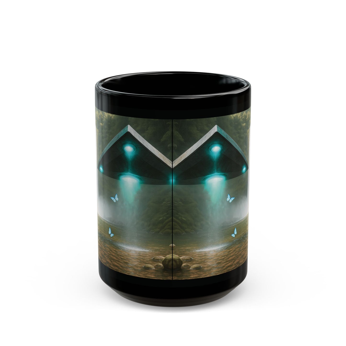 Black Coffee Mug - UFO and Waterfall