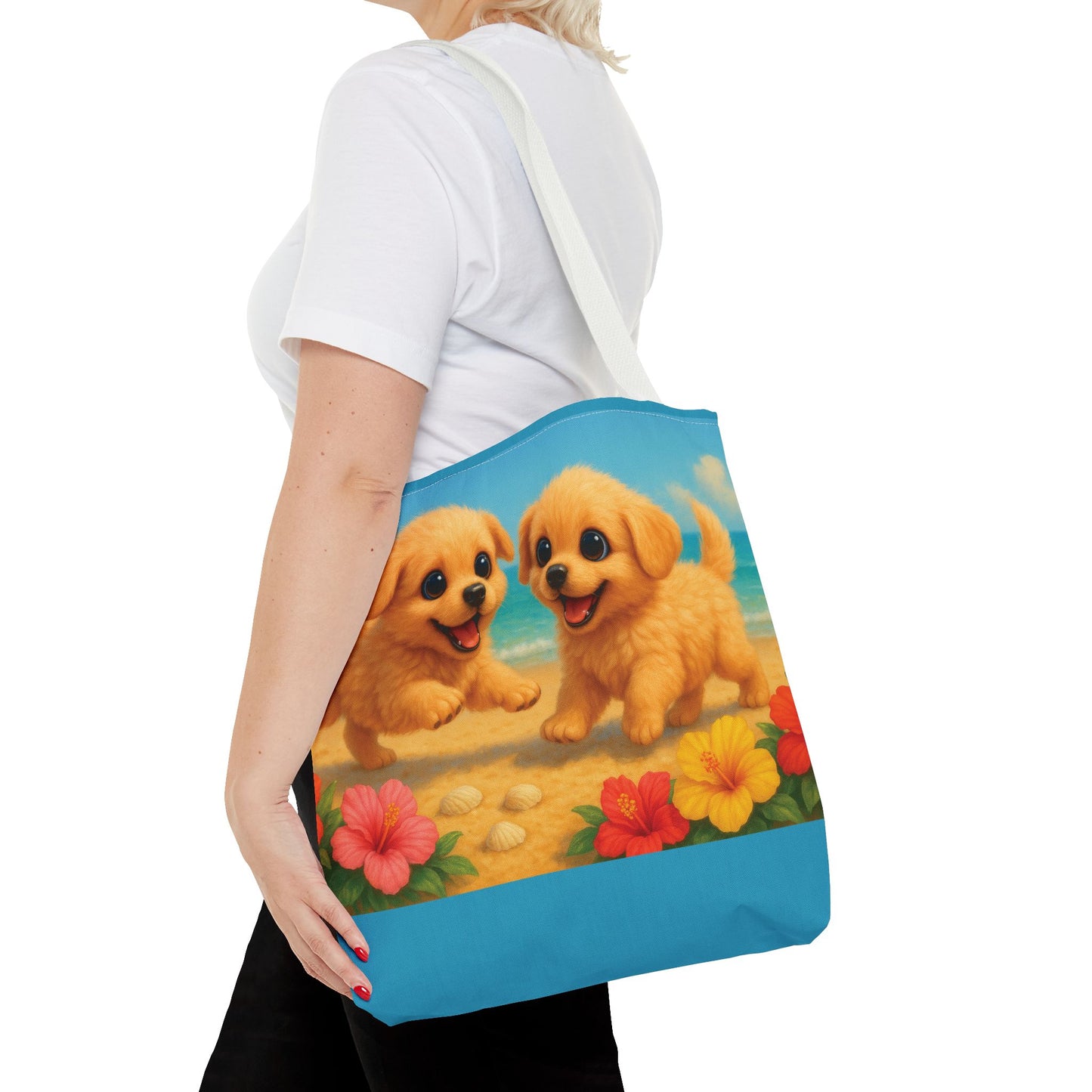 Two Puppies on Beach Tote Bag - 3 Sizes