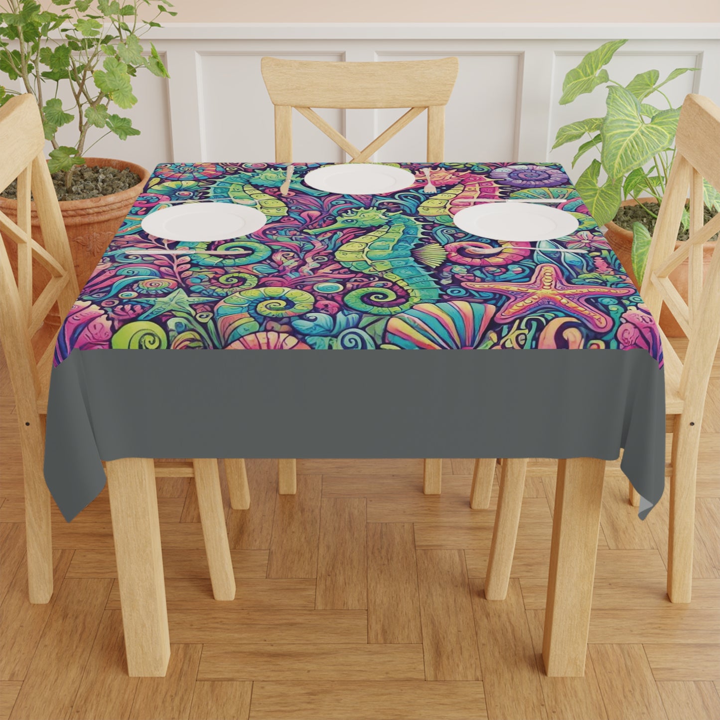 Seahorse Trio/Dark Grey ~ Square Tablecloth, 55" x 55"