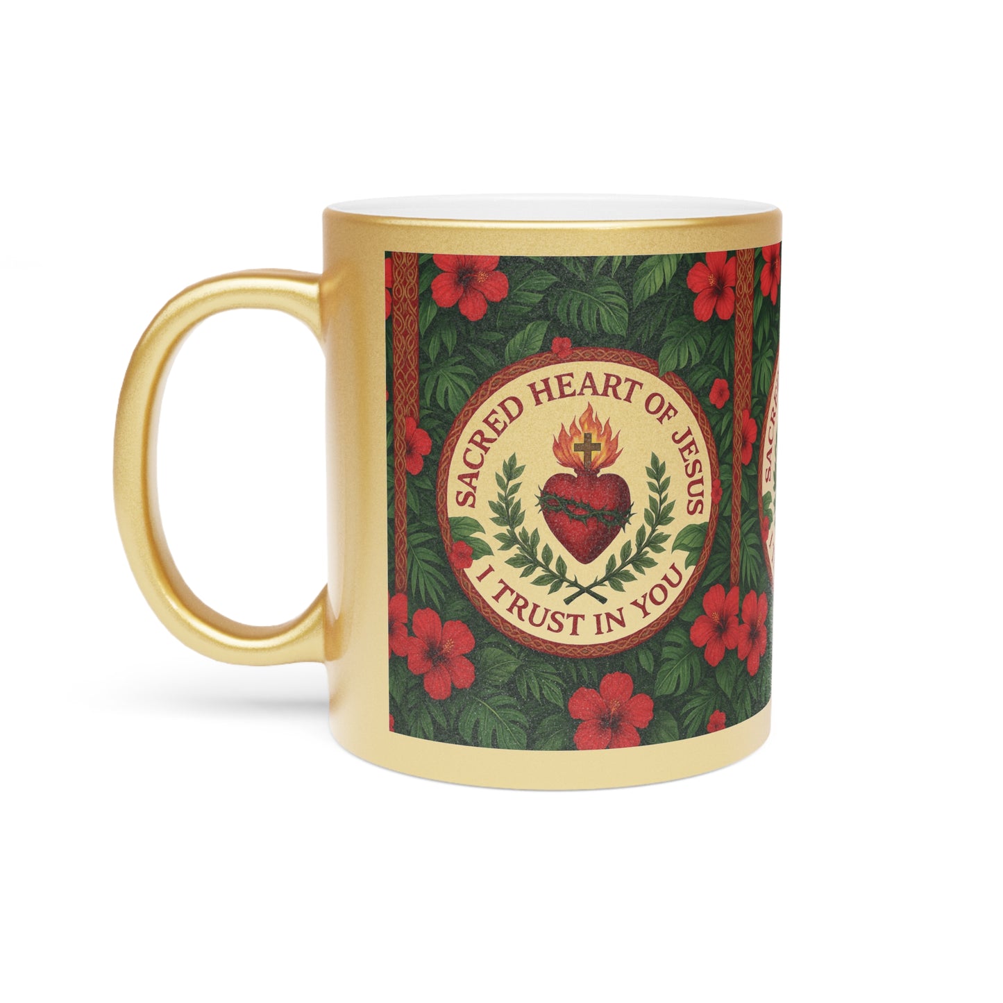 Religious Tropical Metallic Mug, Gold or Silver - Sacred Heart of Jesus Prayer