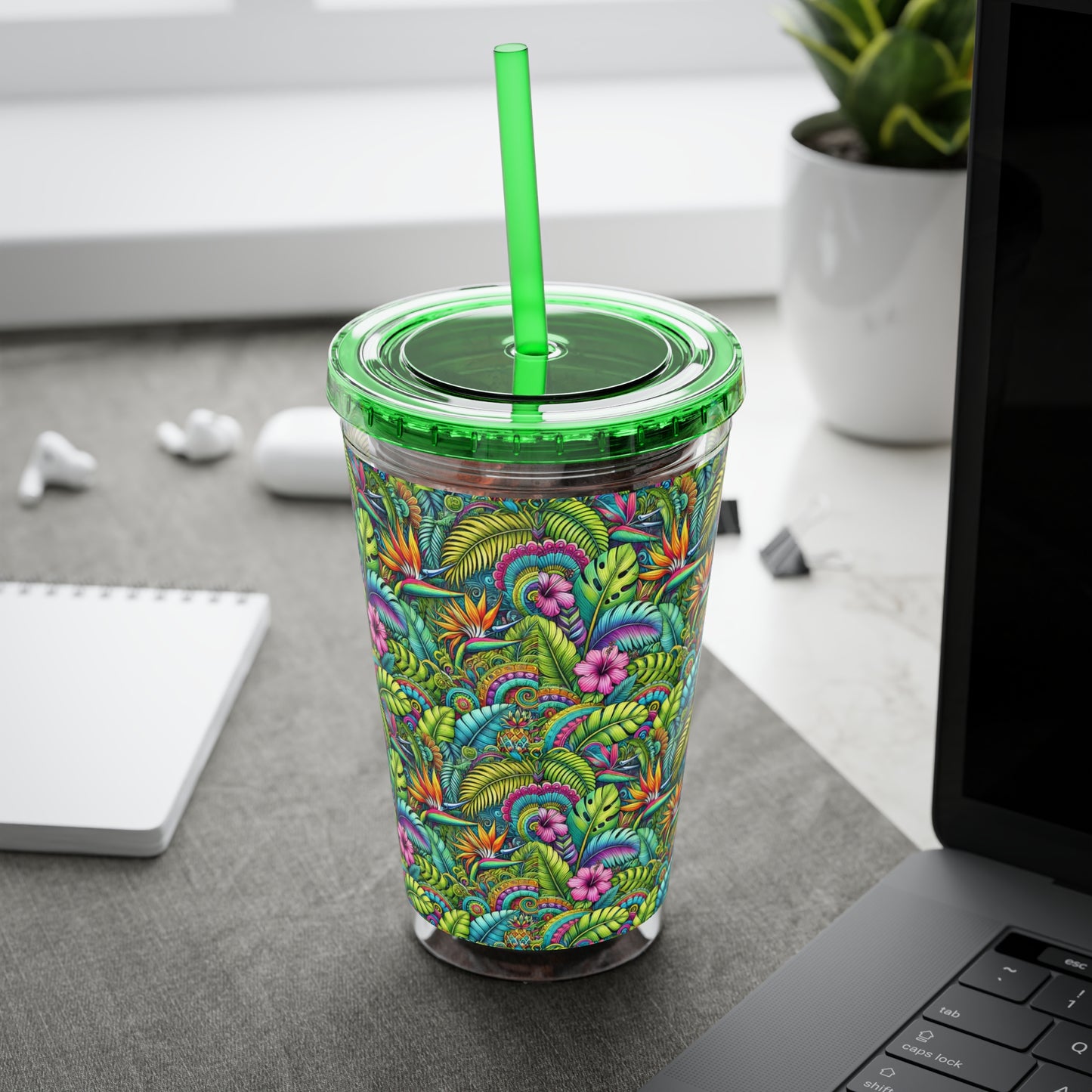 Tropical Tumbler with Straw | 16oz Colorful Travel Cup / Rainforest Blooms