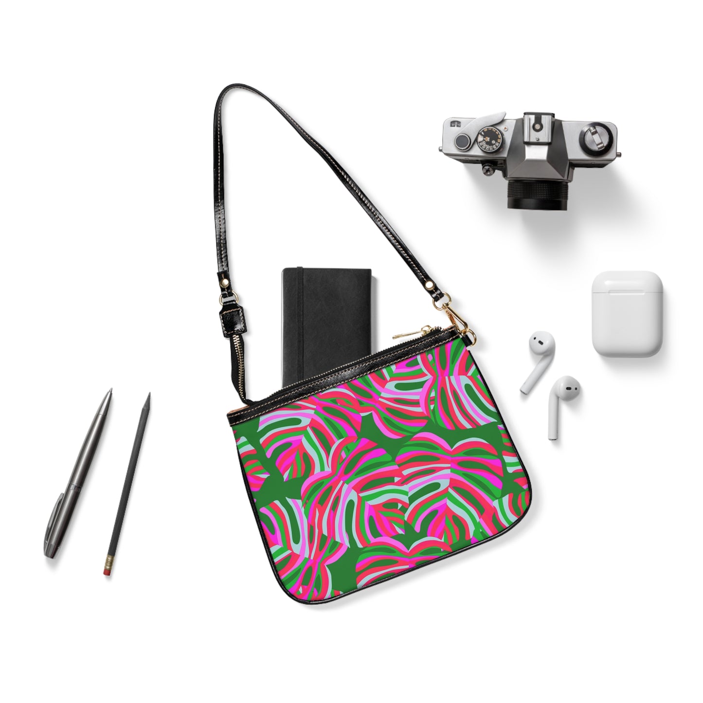 Tropical Small Shoulder Bag | Stylish Crossbody Purse / Monstera Pink Pop