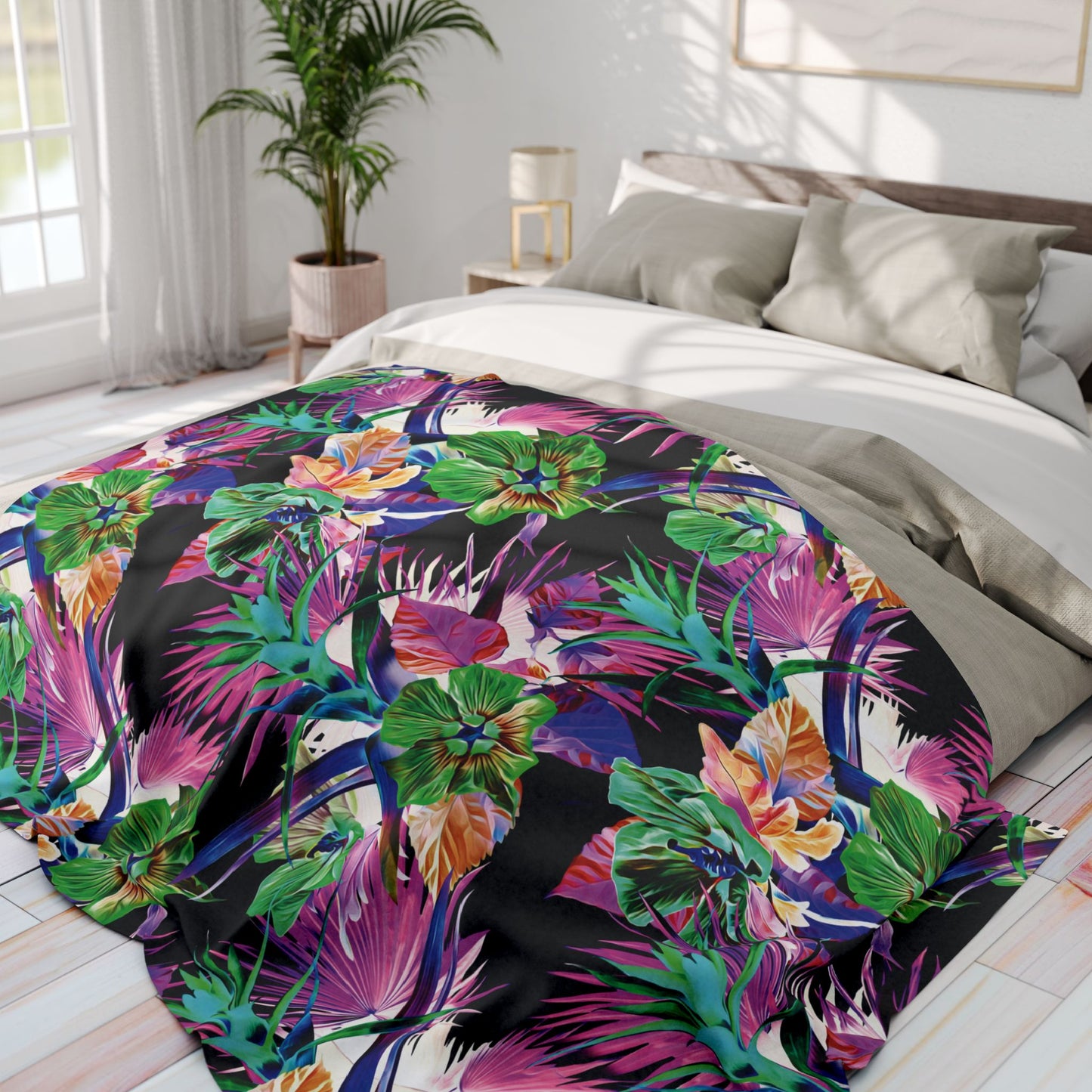 Black Plant Palooza Fleece Blanket - Colorful Tropical Botanical Design