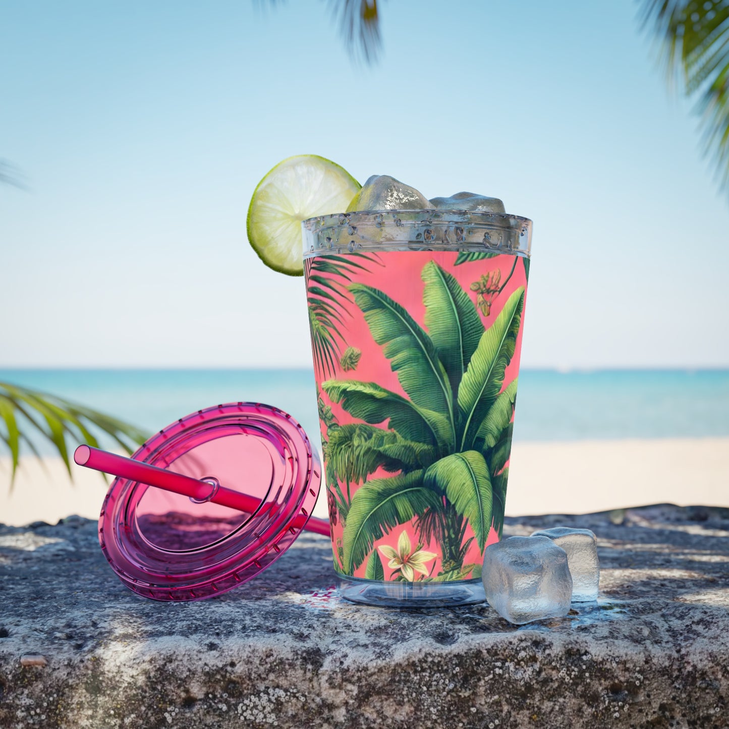Tropical Tumbler with Straw | 16oz Colorful Travel Cup / More Tropical Fruit, Coral