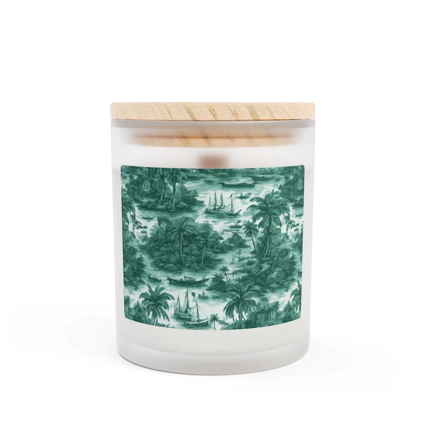 Frosted Glass Candle, 11oz - Tropical Toile #1, Evergreen