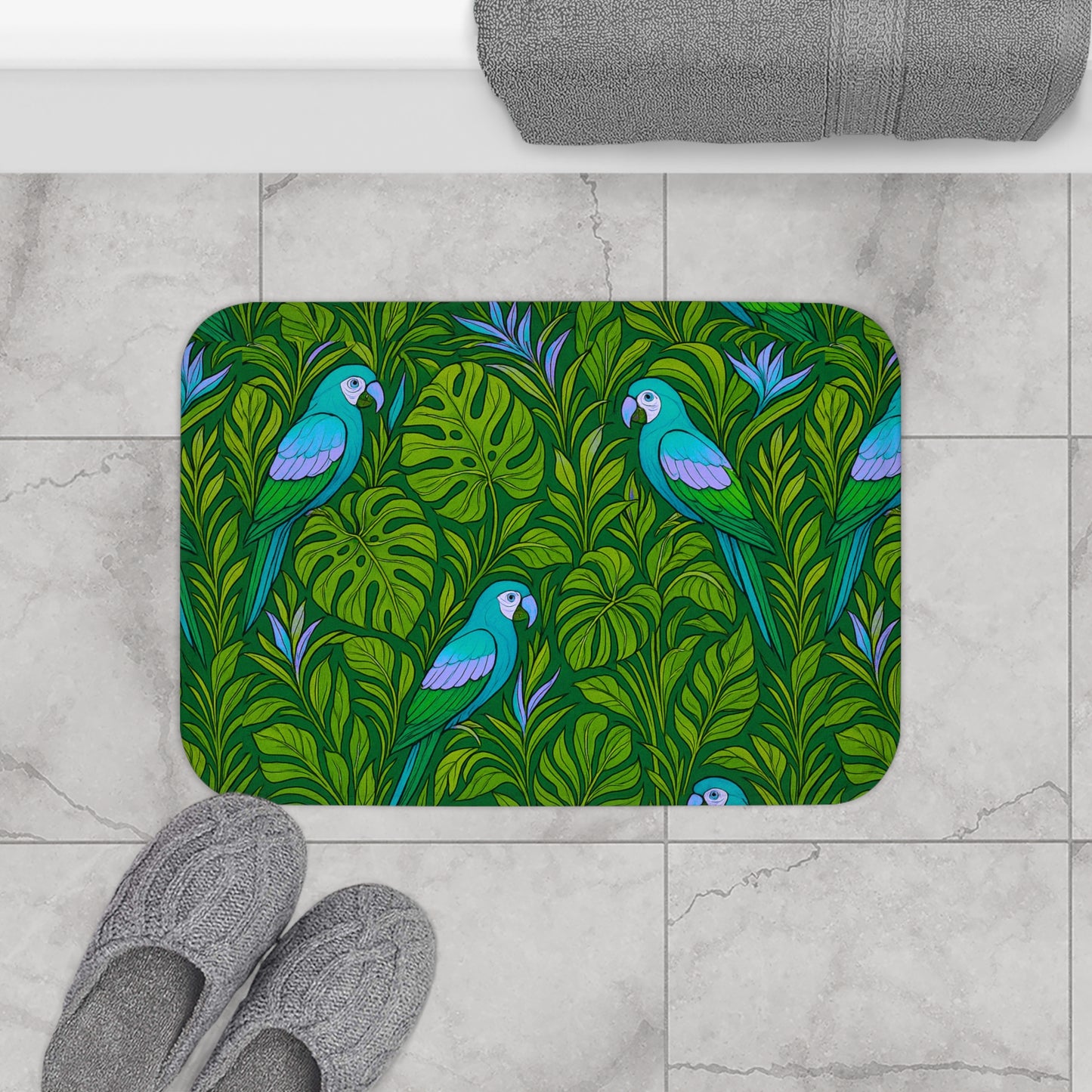 Parrot Family/Blue Bath Mat, 2 Sizes - Tropical Vibes for Home Decor
