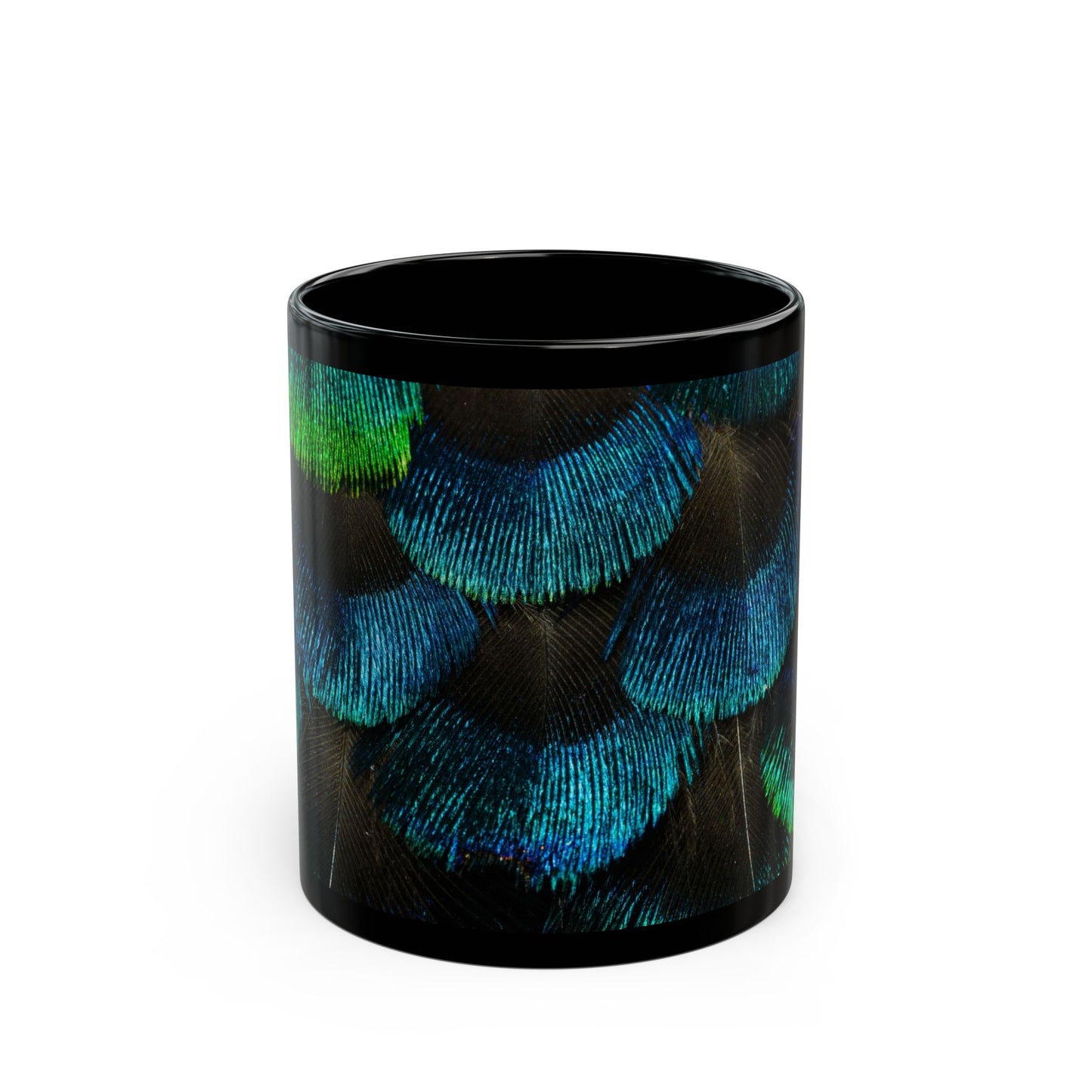 Vibrant Peacock Feathers Black Coffee Mug - Perfect for Nature Lovers