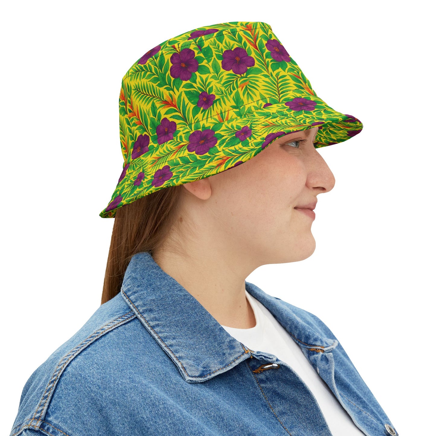 Tropical Polyester Bucket Hat, 2 Sizes - Midnight Flower Yellow