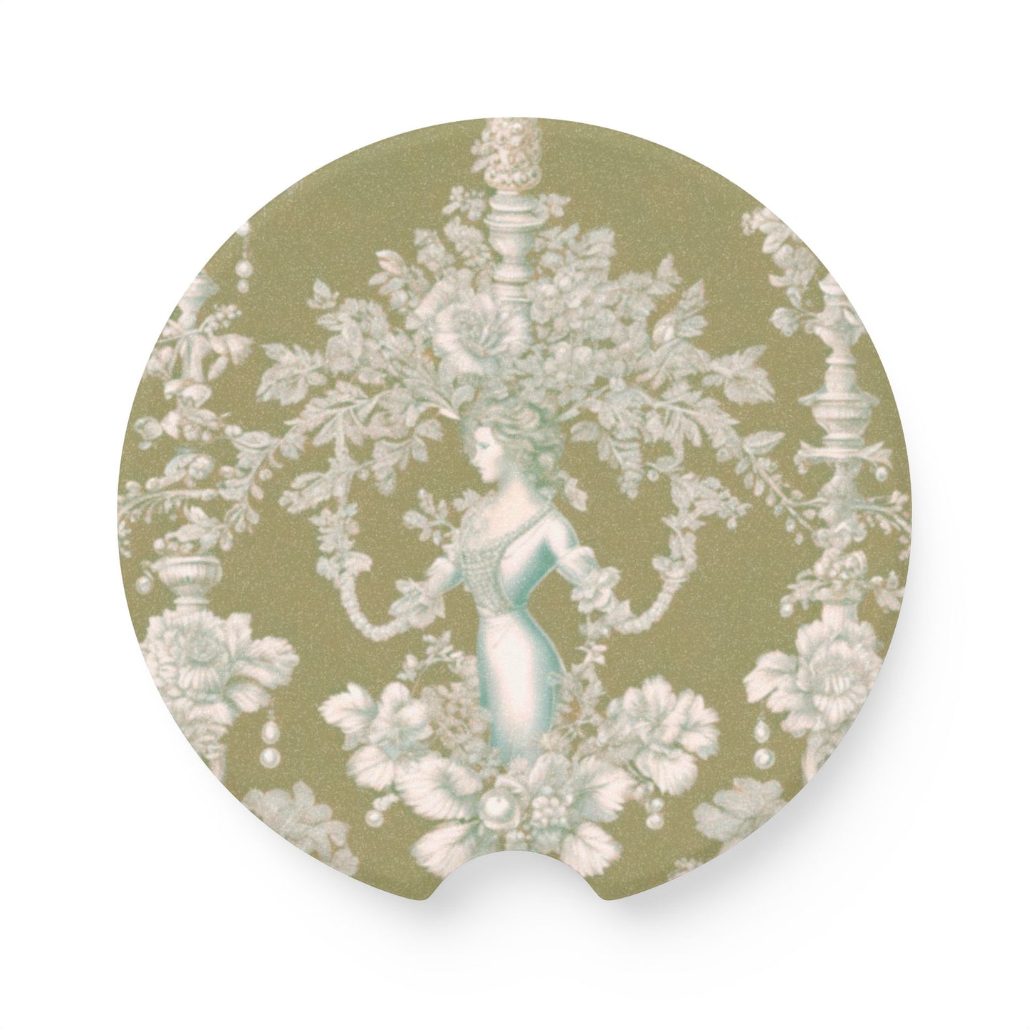 Soapstone Car Coaster - Pearl Lady Toile, highborn green