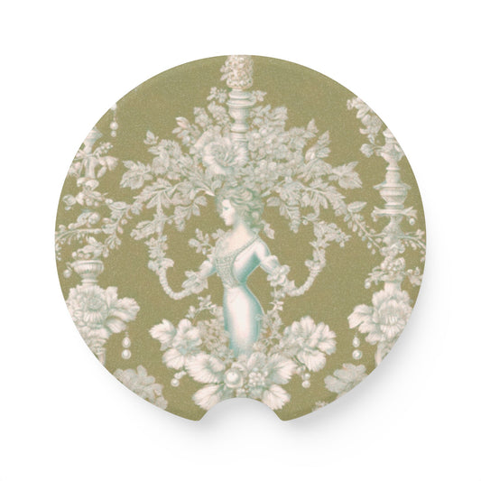 Soapstone Car Coaster - Pearl Lady Toile, highborn green