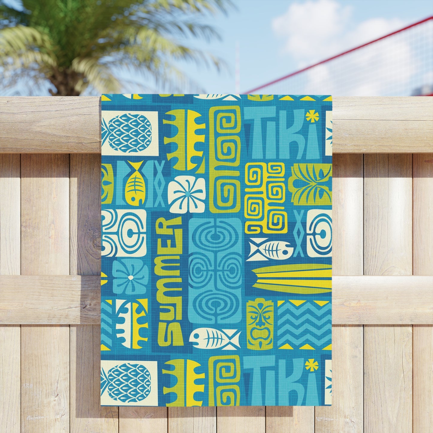 Vibrant Summer Beach Towels, 3 sizes – Tropical Print for Sun Lovers / Tiki Poster Blue