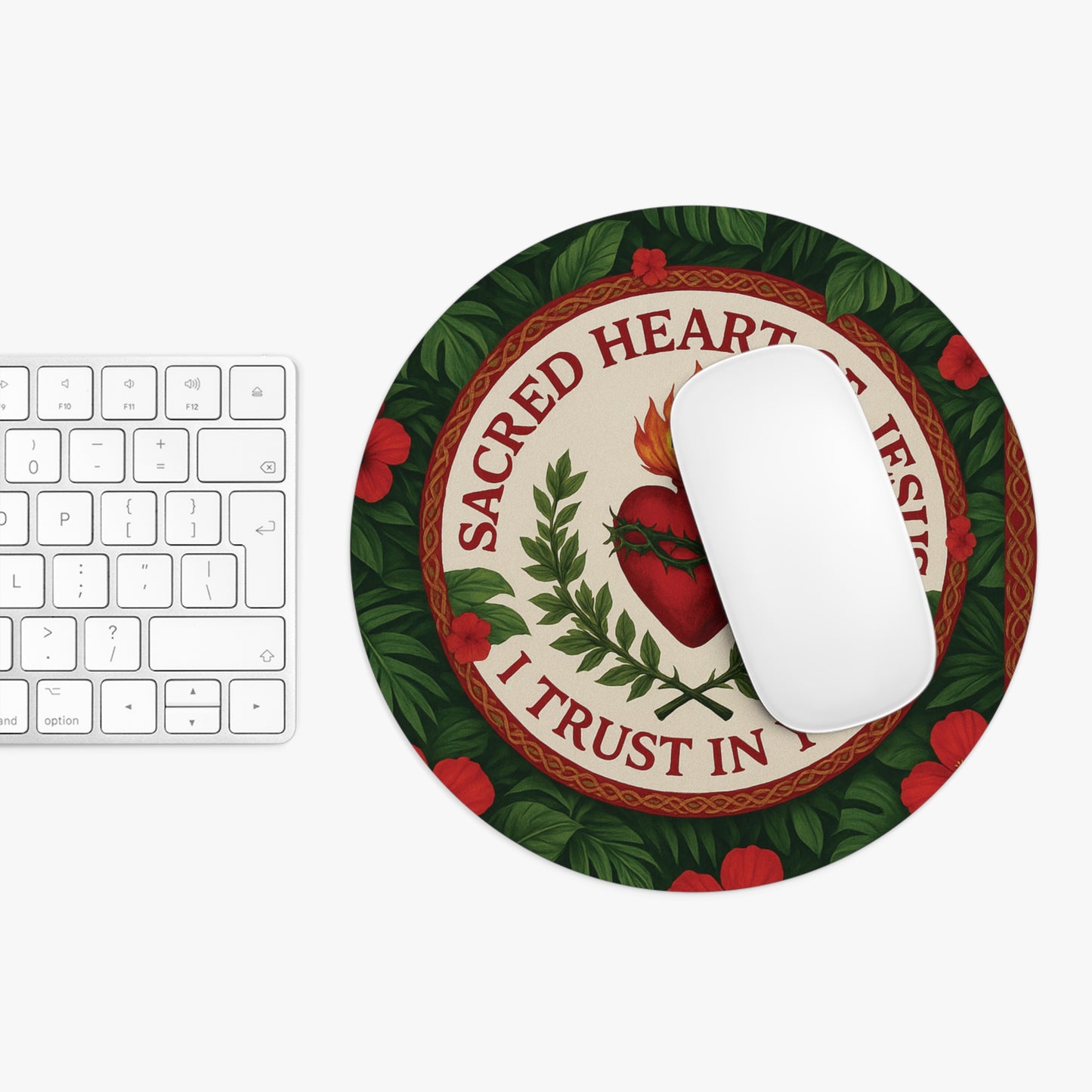 Religious Tropical Mouse Pad, 2 Shapes - Faith Vibes for Home Office & Gamer / Sacred Heart of Jesus Prayer