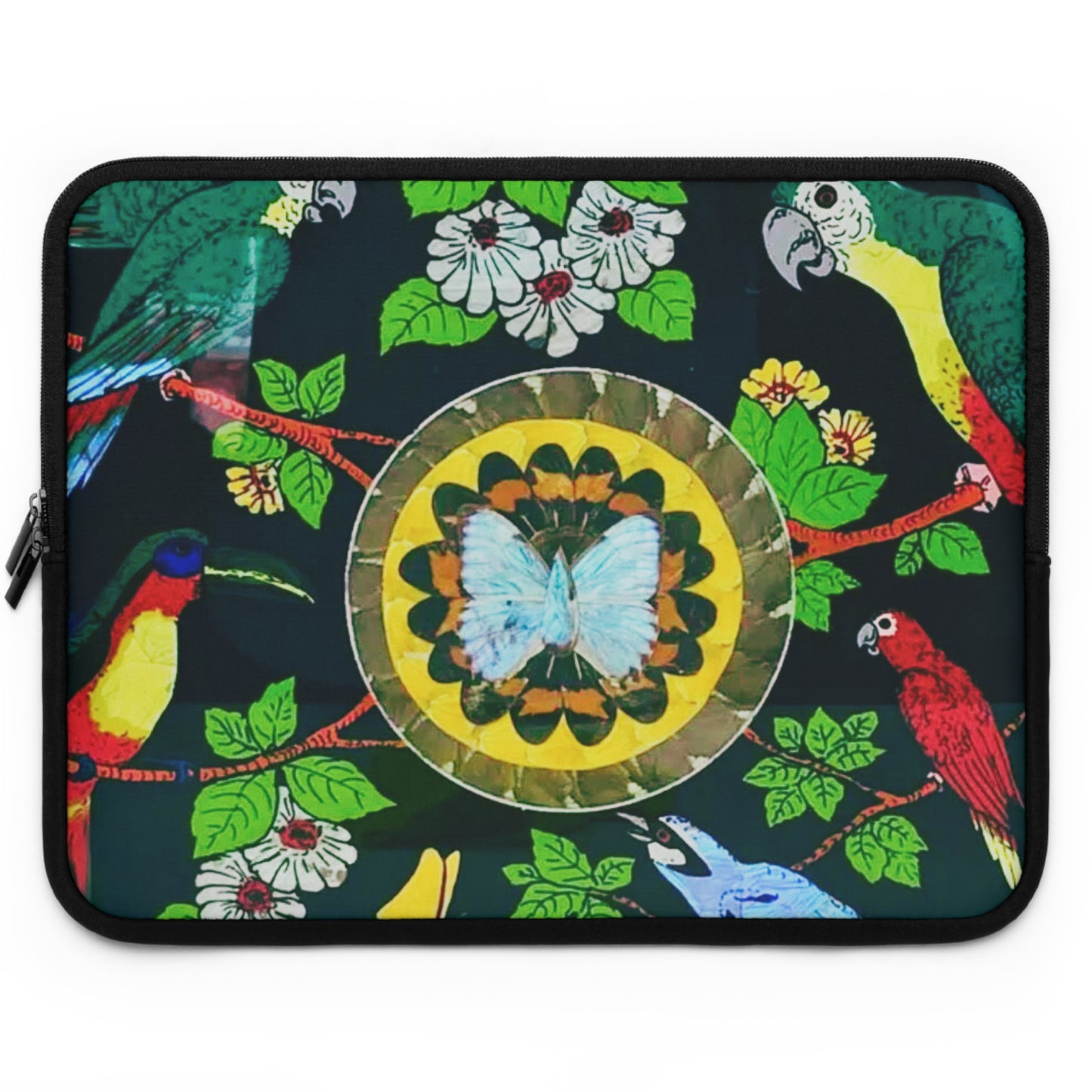 Tropical Laptop Sleeve, 5 Sizes - Perfect for Beach Lovers & Students / Parrots & Real Butterfly Wings Art