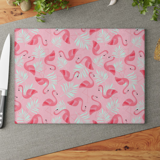 Glass Cutting Board, 2 sizes - Flamingo and White Palms