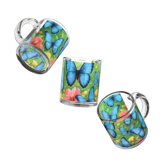 Tropical Glass Mug - 10oz Coffee Cup / Morpho Butterflies Flight