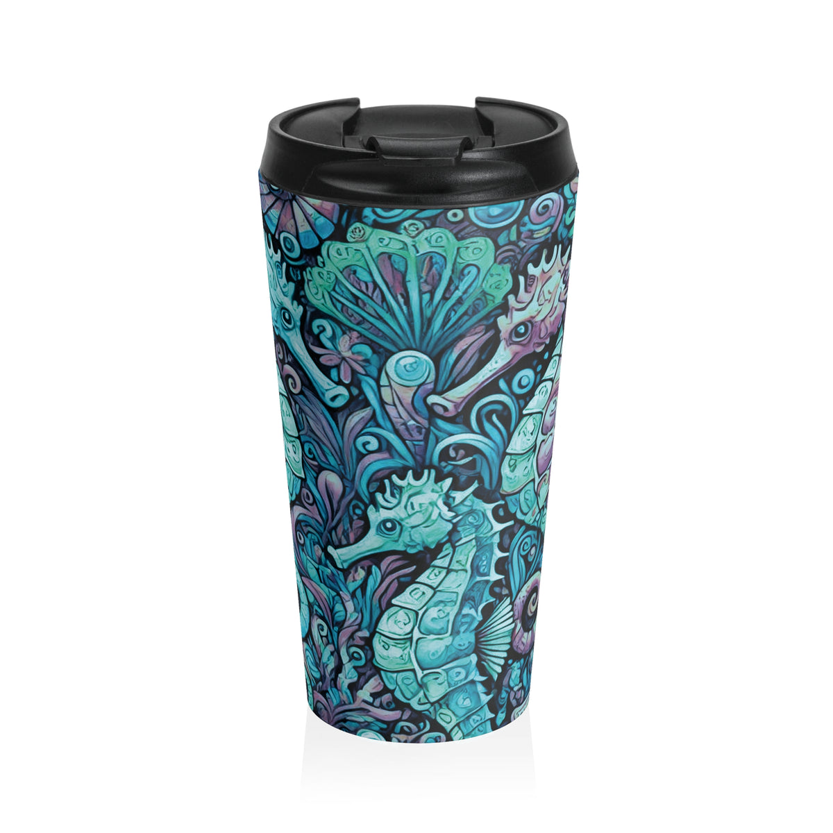 15 oz. Stainless Steel Travel Mug / Seahorse Trio, Turquoise