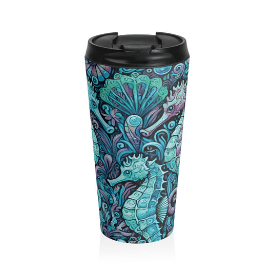 15 oz. Stainless Steel Travel Mug / Seahorse Trio, Turquoise