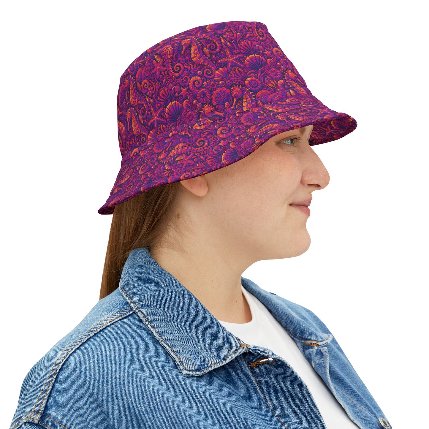 Tropical Polyester Bucket Hat, 2 Sizes - Seahorses Hot Pink
