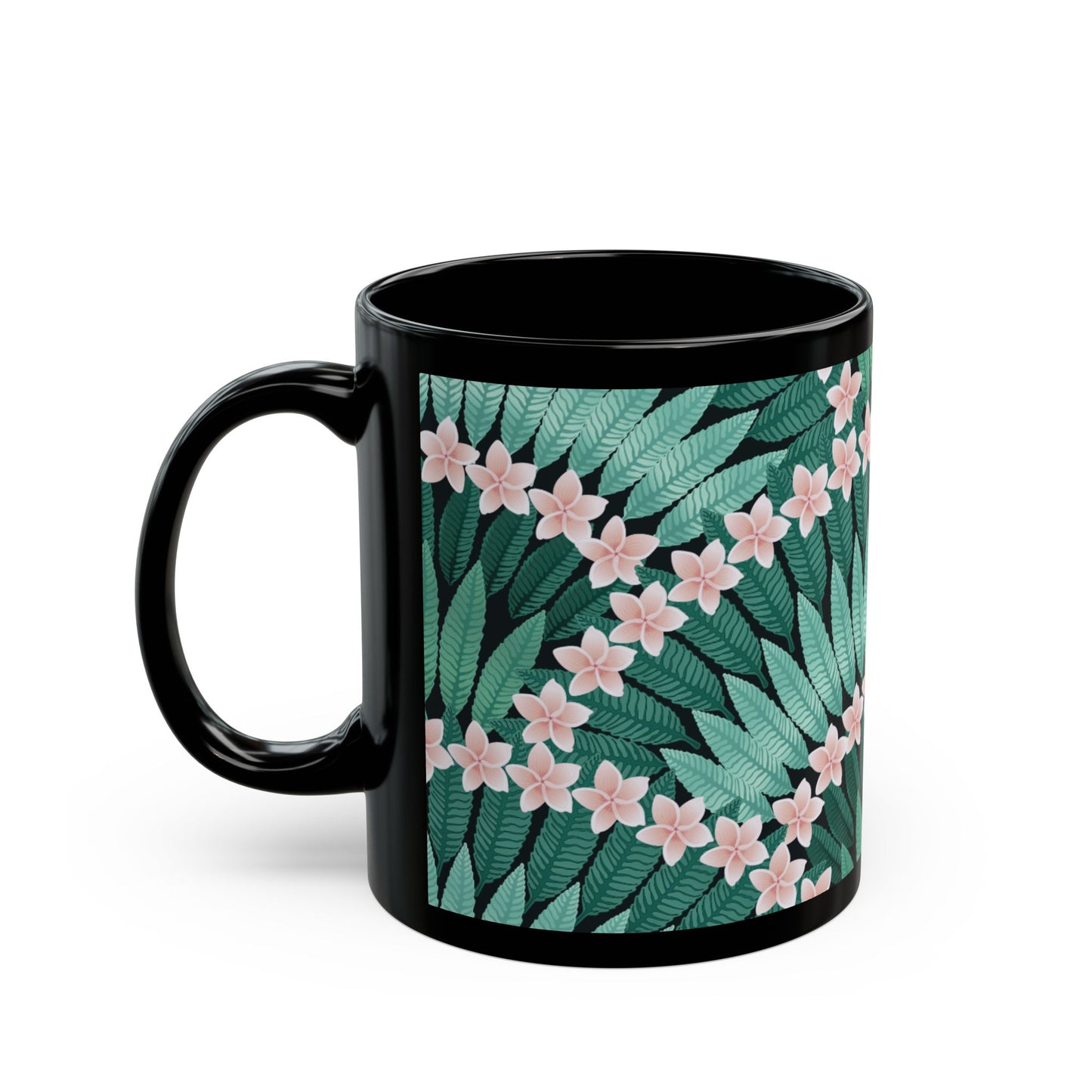 Black Mug (11oz, 15oz), Plumeria and Palms, Evergreen