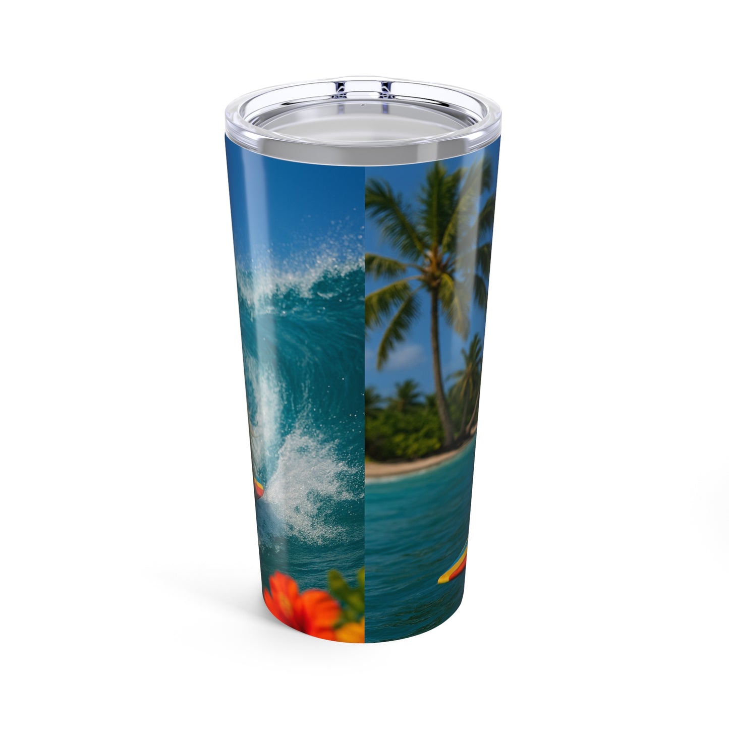 20oz Tropical Glossy Tumbler, Stainless Steel / Puppy Ariel the Dog Surfer